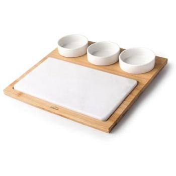 Bandeja de aperitivo de mármol y bambú con 3 cuencos, medidas 28,2 x 28,2 cm, fácil limpieza, ideal para presentar y servir platos y aperitivos