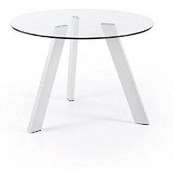 Kave Home - Mesa de Comedor Carib Redonda Ø 110 con sobre de Cristal Transparente y Patas de Acero Cromado en Blanco
