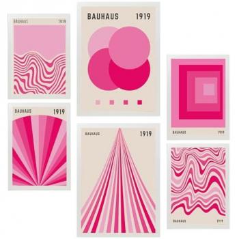 Set de 6 Pósters Geométricos Bauhaus en Colores Vibrantes Rosa Fucsia para Decorar Paredes del Hogar - Tamaños A3 y A4 Sin Marco