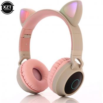 Auriculares inalámbricos estéreo HiFi con orejas de gato y luz LED para niñas, compatibles con PC y teléfonos móviles