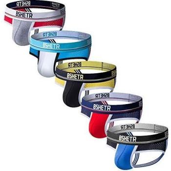 BSHETR Ropa Interior para Hombre Tanga Jockstrap Soporte Atlético con Suspensorio, 5-Paquete de algodón con Tiro Bajo Cintura Elástica Multi-Paquete Calzoncillo de Rendimiento