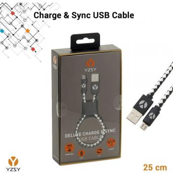 YZSY Deluxe - Cable de Conexión [ Sincro y Carga ] para Dispositivos Android, USB a MicroUSB - Black & White Leather 25cm