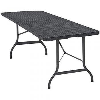 Mesa Plegable de Plástico Aspecto Ratán Negro 180x75cm Multifuncional Portátil 12Kg Fácil de Guardar y Transportar para Camping Jardín Picnic Buffet