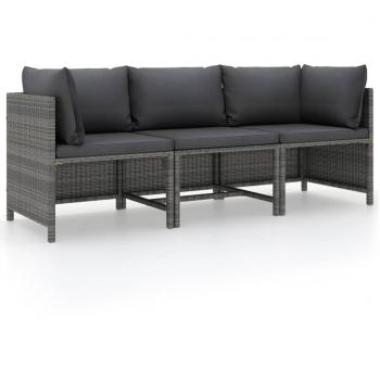 3-Seater Garden Sofa with Cushions Gray Poly Rattan