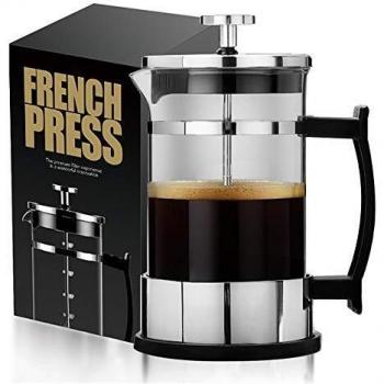 HwaGui Cafetera de Émbolo Francesa 0.6L Acero Inoxidable Filtro Vidrio Cuerpo French Press 4 Tazas