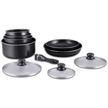 Batería de Cocina Herzberg HG-5000 de 10 Piezas con Recubrimiento de Mármol Negro y Mango Desmontable