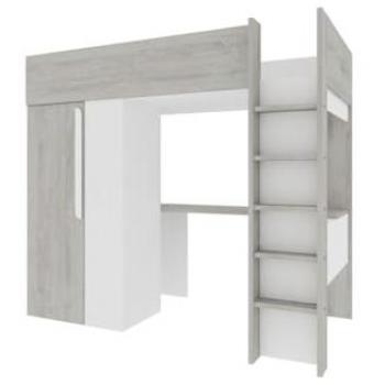 Cama Alta 90 x 200 cm con Armario y Escritorio - Natural Grisáceo y Blanco - Modelo Nicolás