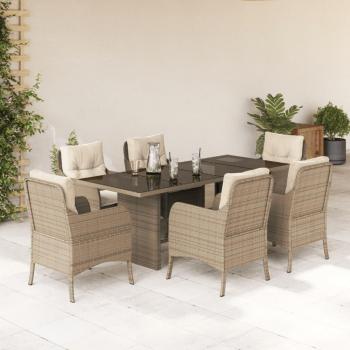 7-Piece Garden Dining Set with Beige Cushions in Poly Rattan