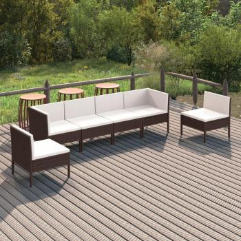6-Piece Brown Poly Rattan Garden Lounge Set with Cushions