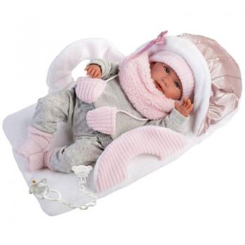 Muñeca Recién Nacida Mimi Llorona Articulada 42 cm con Cuerpo de Tela, Chupete y Capazo Portabebé (Llorens - 74004)