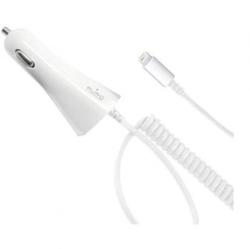 Cargador de coche PURO Lightning MFI 1A cable rizado 1.5m blanco