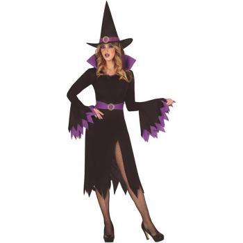 Disfraz de Bruja Negra y Lila para Mujer - Incluye vestido largo con mangas acampanadas, cinturón ajustable, sombrero puntiagudo, diseño en tonos negros y lilas, disponible en varias tallas