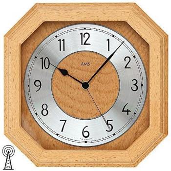 Reloj de pared AMS F5864/18, color marrón (madera de haya), tamaño 26 cm x 5 cm x 26 cm, cuarzo, material: madera y vidrio, ideal para salón, comedor, cocina