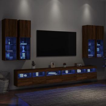 Muebles de TV de pared con luces LED 7 piezas marrón roble