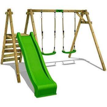Portique de madera JollyJack XXL con columpio doble, tobogán y escalera de trepar, color verde manzana