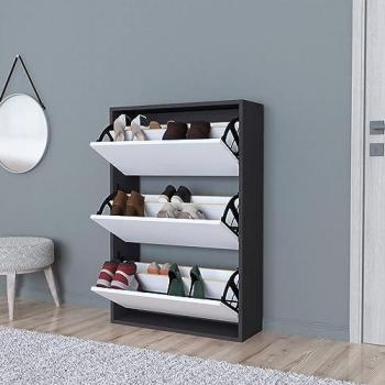 Zapatero Aurskog Slim 3 Compartimentos Abatibles Capacidad 18 Pares Aglomerado 110 x 74 x 24 cm - Antracita y Blanco