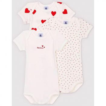 Petit Bateau - Pack of 3 Short Sleeve Baby Bodysuits with Heart Print in Organic Cotton, Size 18M