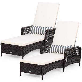 PE Rattan Chaise Lounge Chair with Adjustable Recline - 2-Pack, Characteristics: Set of 2 chairs, made of durable PE rattan, adjustable reclining positions, includes armrests and pillows, available in brown/white color