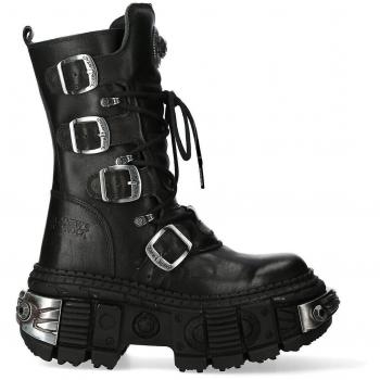 New Rock Unisex Mid Calf Metallic Black Leather Platform Gothic Boots - Size EU 36