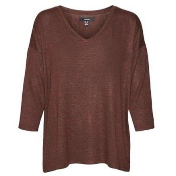 Jersey de punto fino para mujer Vero Moda VMBRIANNA 3/4 V-NECK PULLOVER BOO REP, manga francesa, cuello en V, color Fired Brick con detalles en Black Melange, talla XS