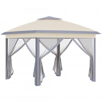 Outsunny Carpa Plegable 3,3x3,3 m Altura Ajustable Cenador con Doble Techo 4 Mosquiteras Extraíbles y Bolsa de Transporte Beige