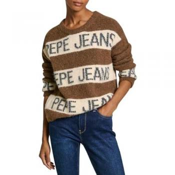 Jersey de Mujer Pepe Jeans Helmi Marrón a Rayas con Logo Intarsia - Talla XS