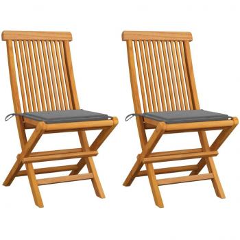 Teak Wood Garden Chairs with Grey Cushions - Set of 2