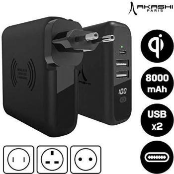 Cargador de Viaje 3 en 1 AKASHI con PowerBank 8000mAh y Carga Qi