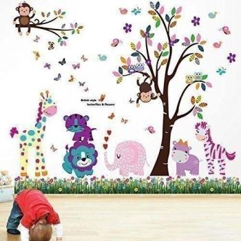 Walplus WS5031/ DF5099 Animales felices cómicos, árbol y mariposas, hierba