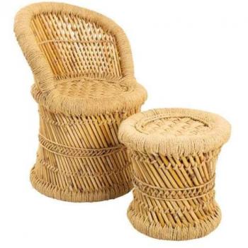 Set sillón y taburete niño de cuerda natural en bambú y cuerda marrones