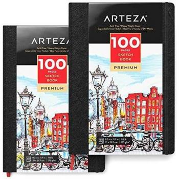Arteza Bloc de dibujo | DIN A4 | 100 páginas x 2 | Papel de 175 gsm | Diarios de tapa dura con cinta marcadora, solapa interior y correa elástica para varios medios secos
