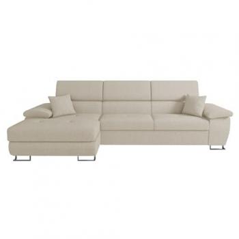 Sofá rinconero Comfivo 242, color marrón claro, con función de descanso y caja de ropa de cama, medidas 275x170x71cm