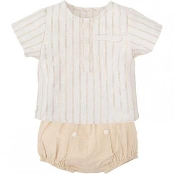 Conjunto de bebé niño a rayas con camisa y bloomer en tonos suaves