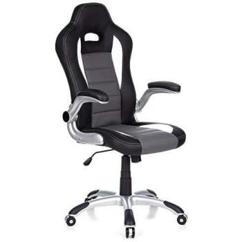 hjh OFFICE 621710 Silla Gaming Game Sport Piel sintética, Negro/Gris, Silla giratoria, Apoyabrazos Plegables