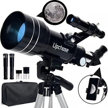 Upchase Telescopio Astronomico, 300/70mm Negro, Portátil y Potente Refractor Telescopio, Ajustable Trípode, Adaptador Móvil, Fácil de Montar, Observer la Luna, Aves, Regalos para Niños y Adultos