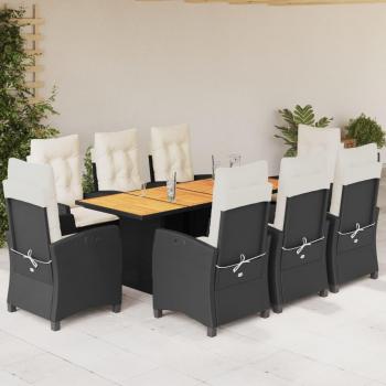 9-Piece Black Poly Rattan Garden Dining Set with Cushions