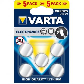 Varta Pila de botón de litio de 3 V Electronics CR2025, pilas de botón en un blíster original de 5 unidades