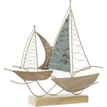 Figura Decorativa Veleros de Metal Beige y Dorado (47 x 9 x 45 cm)