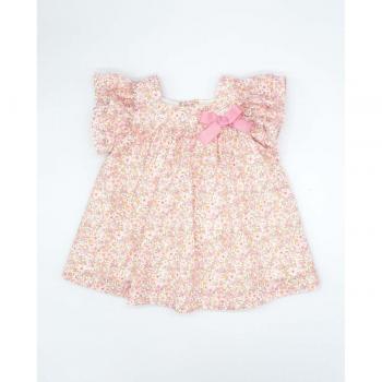 Vestido de bebé niña en color rosa con escote cuadrado, volantes y lazo
