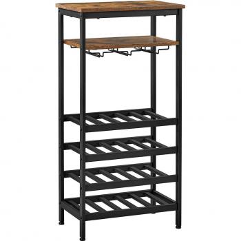 Estantería de Vino para 20 Botellas con Soporte de Acero y Vidrio, para Bodega, Cocina y Comedor, 50x32x100 cm, Marrón Rústico y Negro, Estilo Industrial