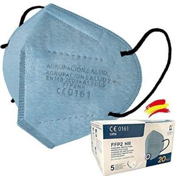 Mascarilla FFP2 Celeste Homologada, interior negro anti maquillaje, Fabricada en España, 20 unidades, Alta eficiencia 5 capas, CE 0161