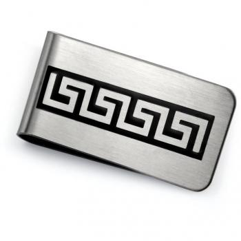 Tecla Griego Dinero Clip para Hombres Tarjetero Personalizado Inlay Esmalte Negro De Dos Tonos Acero Tono Plata