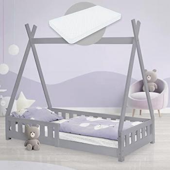 Cama Infantil Tipi Gris Claro 80x160 cm con Colchón de Espuma Fría y Protección Anticaída
