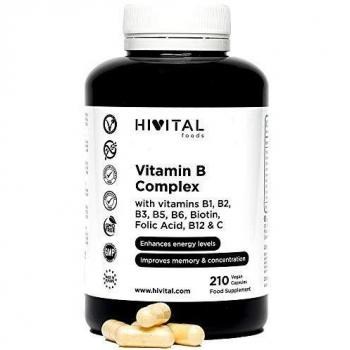 Vitamina B Complex | 210 cápsulas veganas para 7 meses | Complejo Vitaminas B con B1, B2, B3, B5, B6, B12, Biotina y Ácido Fólico | Aumenta el nivel de energía y mejora la concentración y la memoria