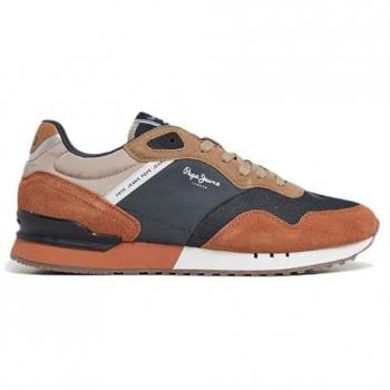 Pepe Jeans London Grade M - Zapatillas deportivas de hombre tipo running en tejido combinado, color marrón, naranja y azul marino, talla 40-41 EU