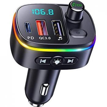 Goigrn Transmisor Bluetooth Coche, PD Type-C 18W y QC3.0 Carga Rápida Bluetooth 5.0 Manos Libres Coche FM Adaptador Bluetooth con Micrófono, 9 Modos Luz RGB, Soporte Siri Google Asistente Disco U