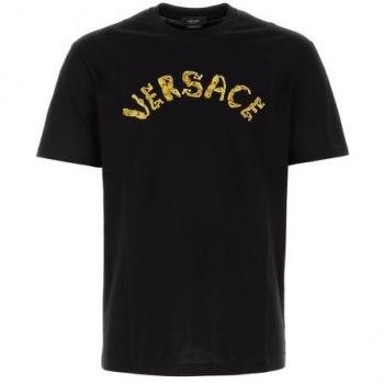 Versace Men's Black Embroidered Logo Cotton T-Shirt - Size M
