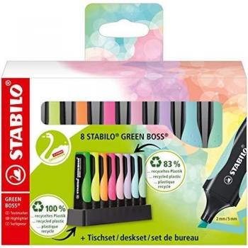 STABILO GREEN BOSS Pastel Highlighter Set - 8 Colours with Chisel Tip, 83% Recycled Plastic Desk Set