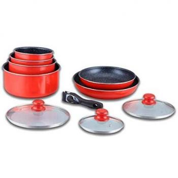 Batería de Cocina Herzberg 10 Piezas con Mango Desmontable y Revestimiento de Piedra - Rojo