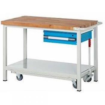 Banco de trabajo móvil y abatible Eurokraft Pro, estructura Serie 8000, con 1 cajón suspendido y estante inferior, dimensiones 2000 x 700 mm